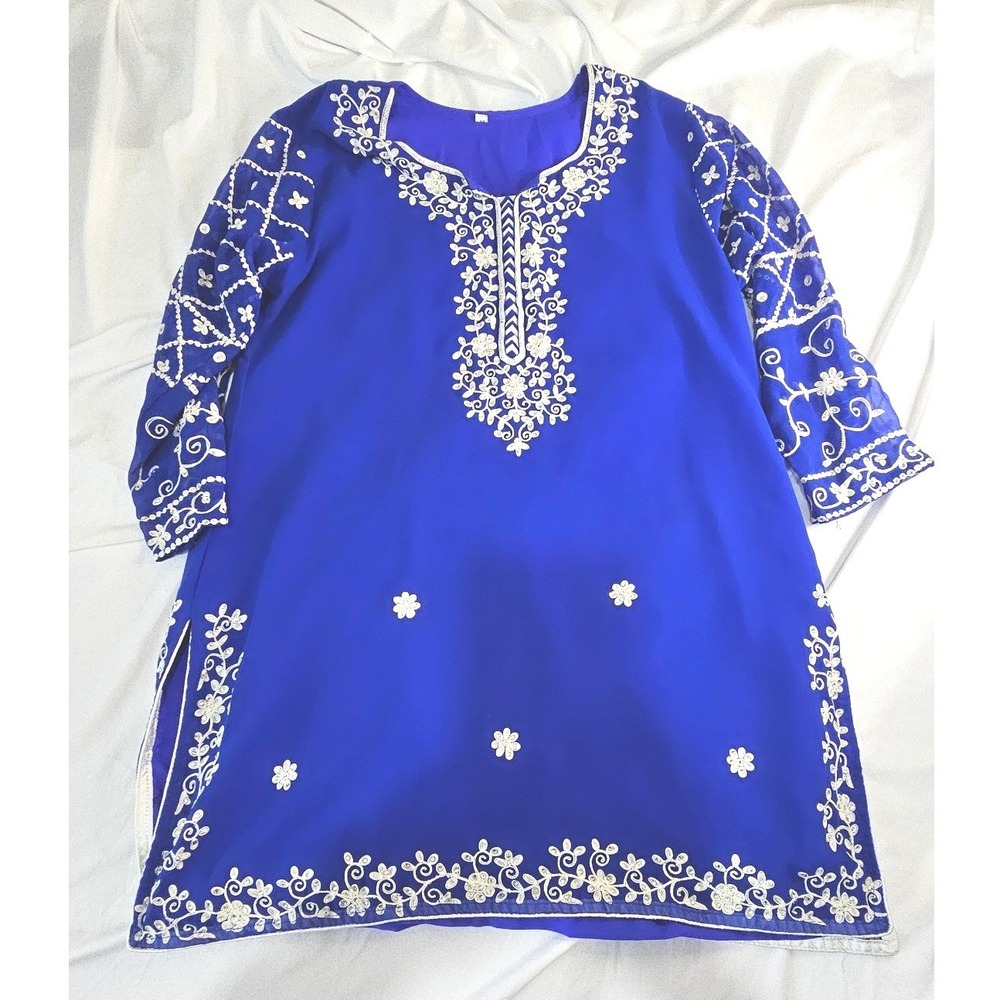 Royal Blue Embroidered Tunic Kurti Top with Rhinestones Size 48 XL Long Sleeve